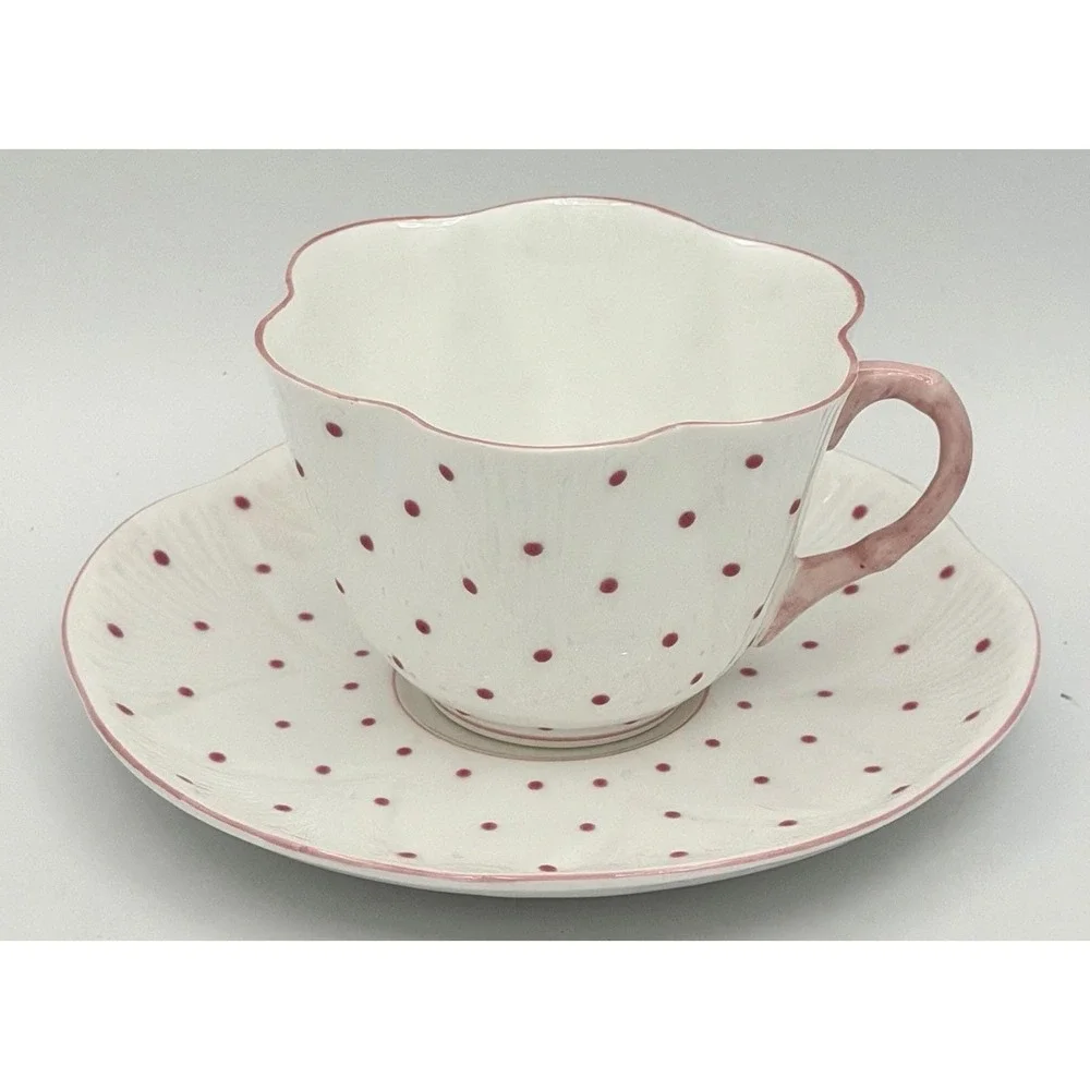 Shelley England Tea Cup Saucer Set White Pink Polka Dots Fine Bone China EUC